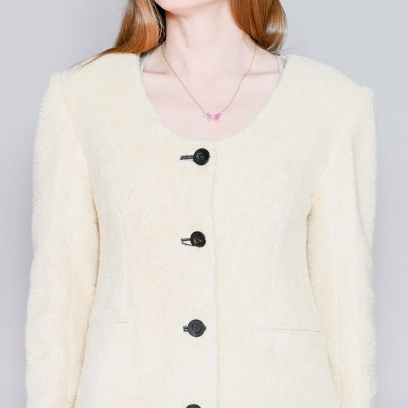 439. GIA STUDIOS Ivory Cream Collarless Sherpa Coat Small - Picture 2 of 7